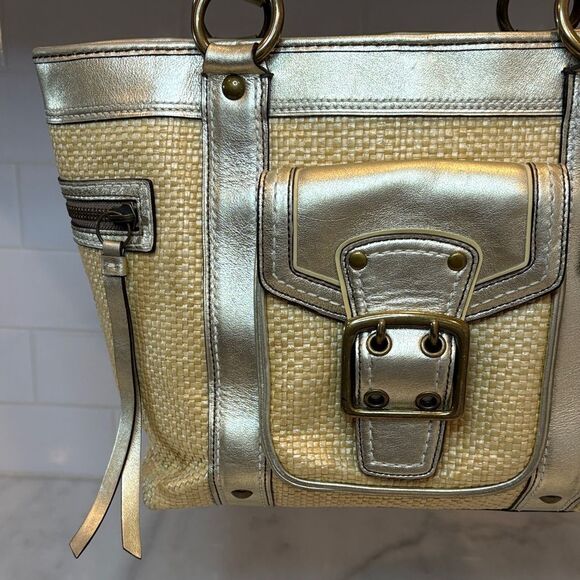 Coach Bag Purse Handbag Legacy Straw & Metallic Leather Tote Shoulder Pocketbook - Picture 2 of 16